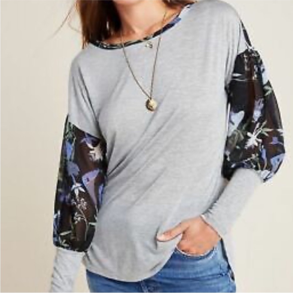 Anthropologist Tiny Gray Long Sleeve Top with Floral Sheer Sleeves. Size XS
